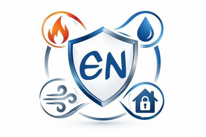 EN-Schutzzeichen mit Schild und Symbolen für Feuer, Wasser, Sturm und Gebäudeschutz
