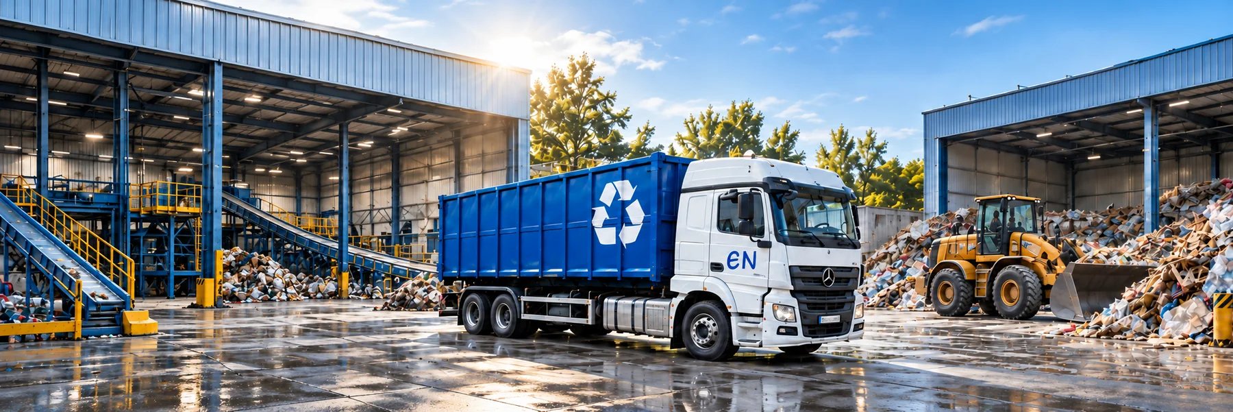 Recyclinghof mit Sortieranlage links, blauem Lkw im Vordergrund und Radlader im Hintergrund